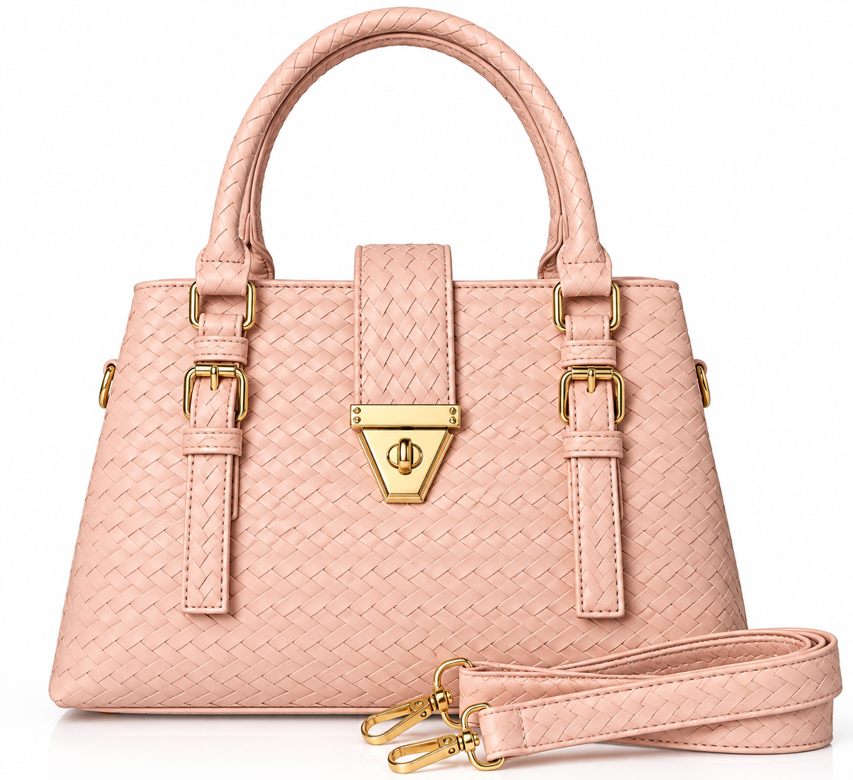 Woven-Texture Triangular Lock Handbag