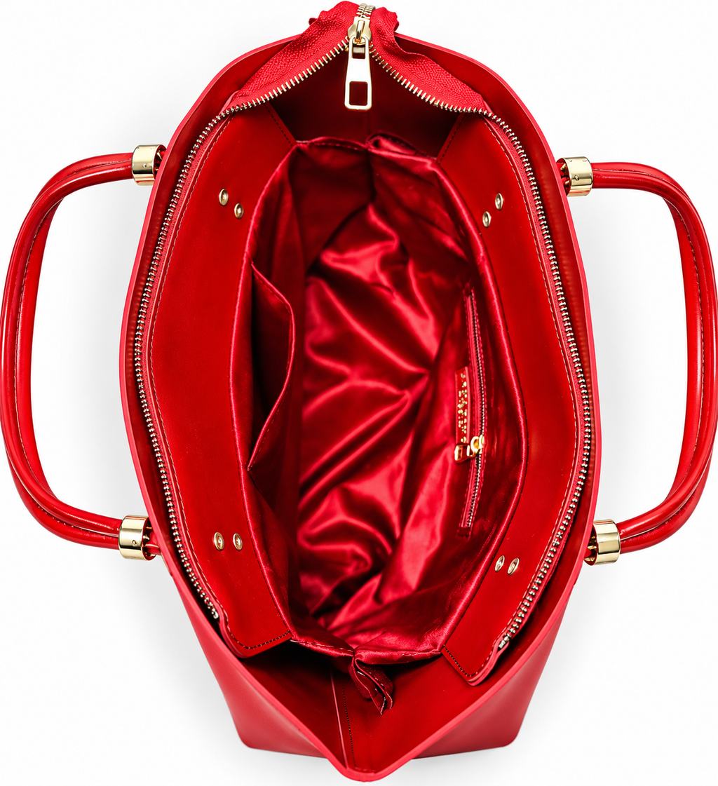 Luxury Red Zip-Top Tote Shoulder Bag - Cherry Red