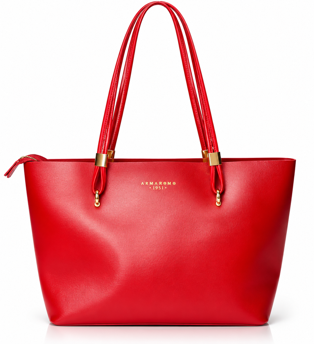 Luxury Red Zip-Top Tote Shoulder Bag - Cherry Red