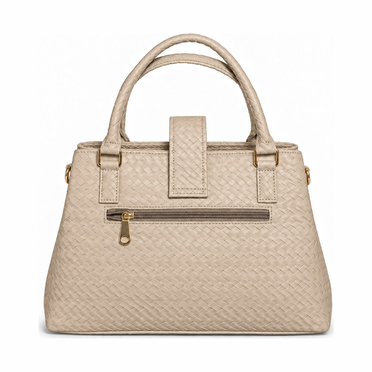 Woven-Texture Triangular Lock Handbag - Ivory