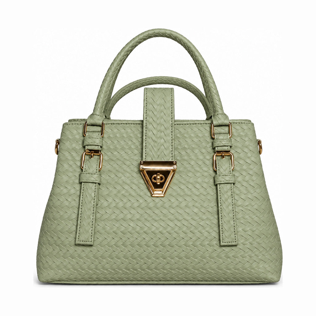 Woven-Texture Triangular Lock Handbag - Mint
