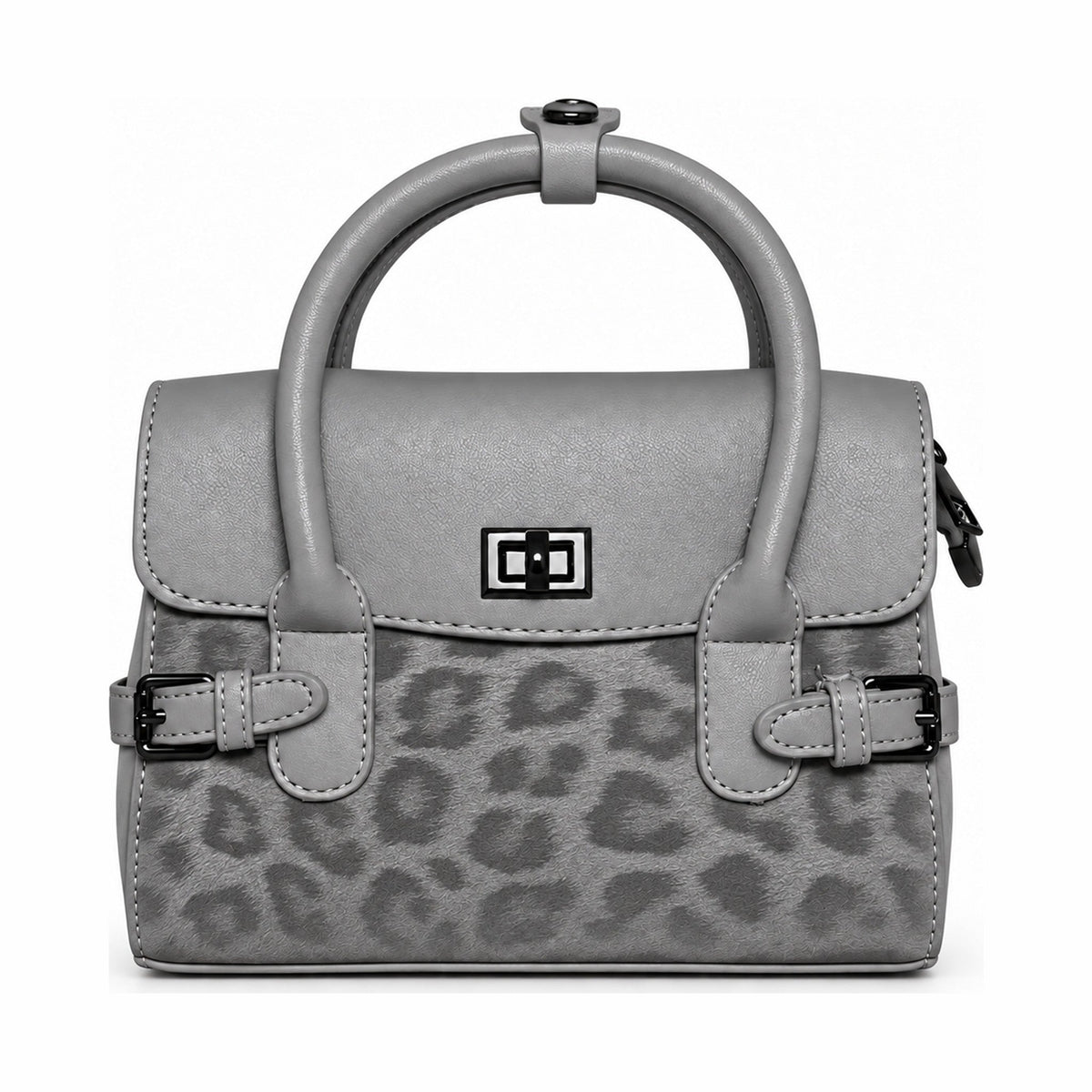 Leopard-Print Trim Twist-Lock Handbag - Grey