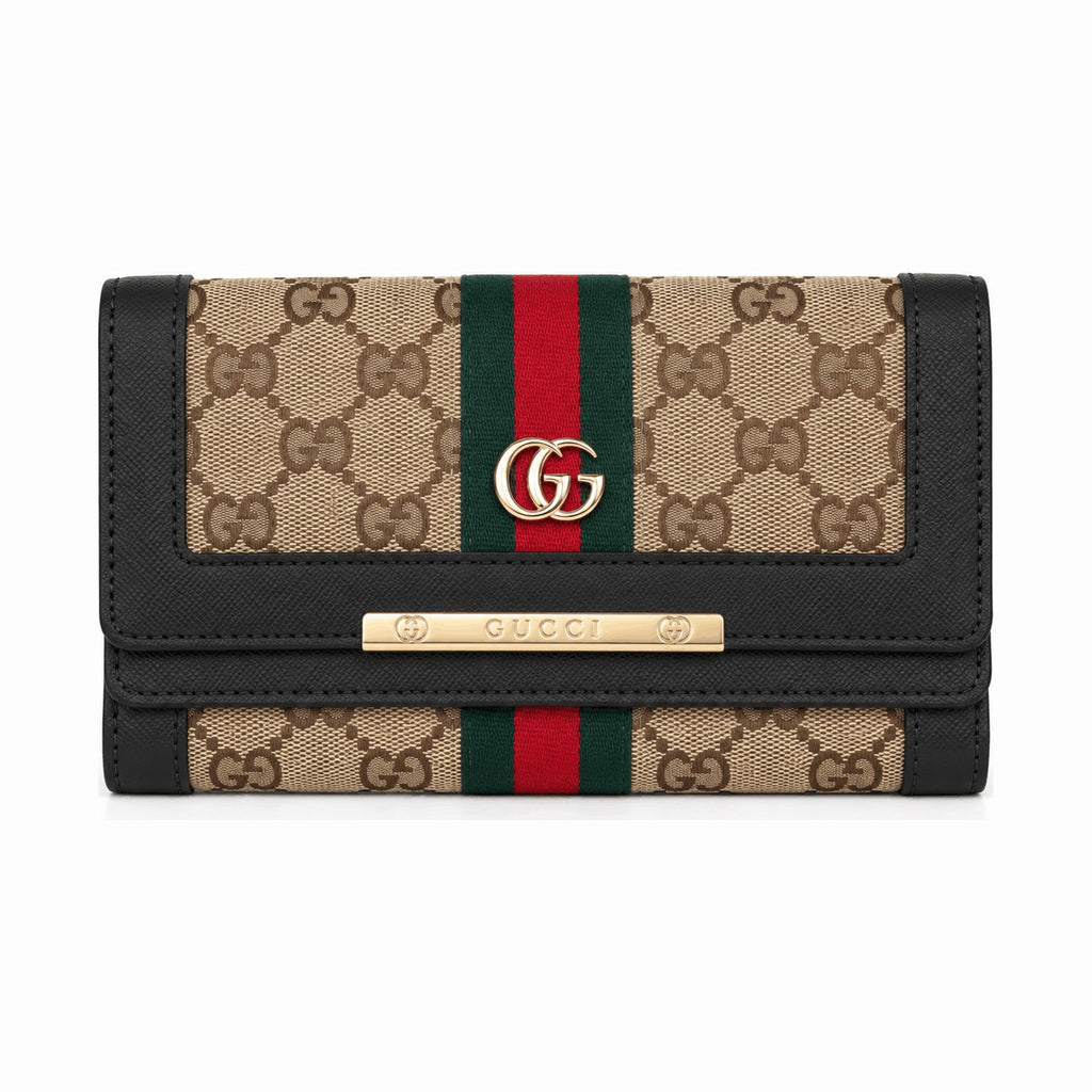Gucci Style Signature Web Stripe Long Wallet - Black