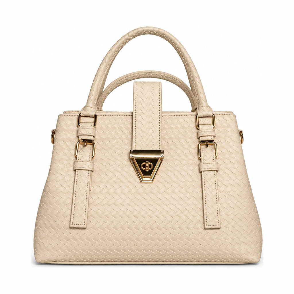 Woven-Texture Triangular Lock Handbag - Ivory