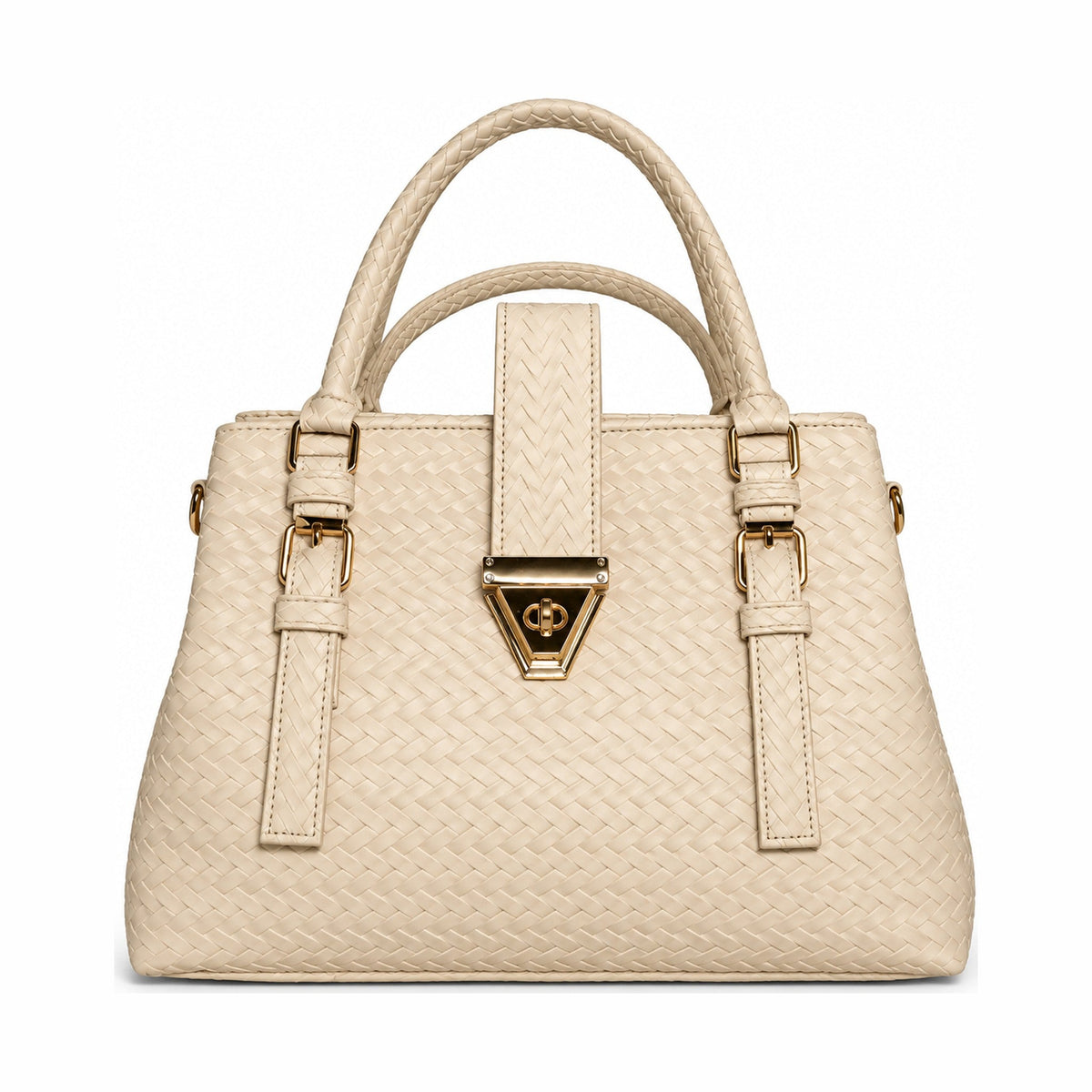 Woven-Texture Triangular Lock Handbag - Ivory