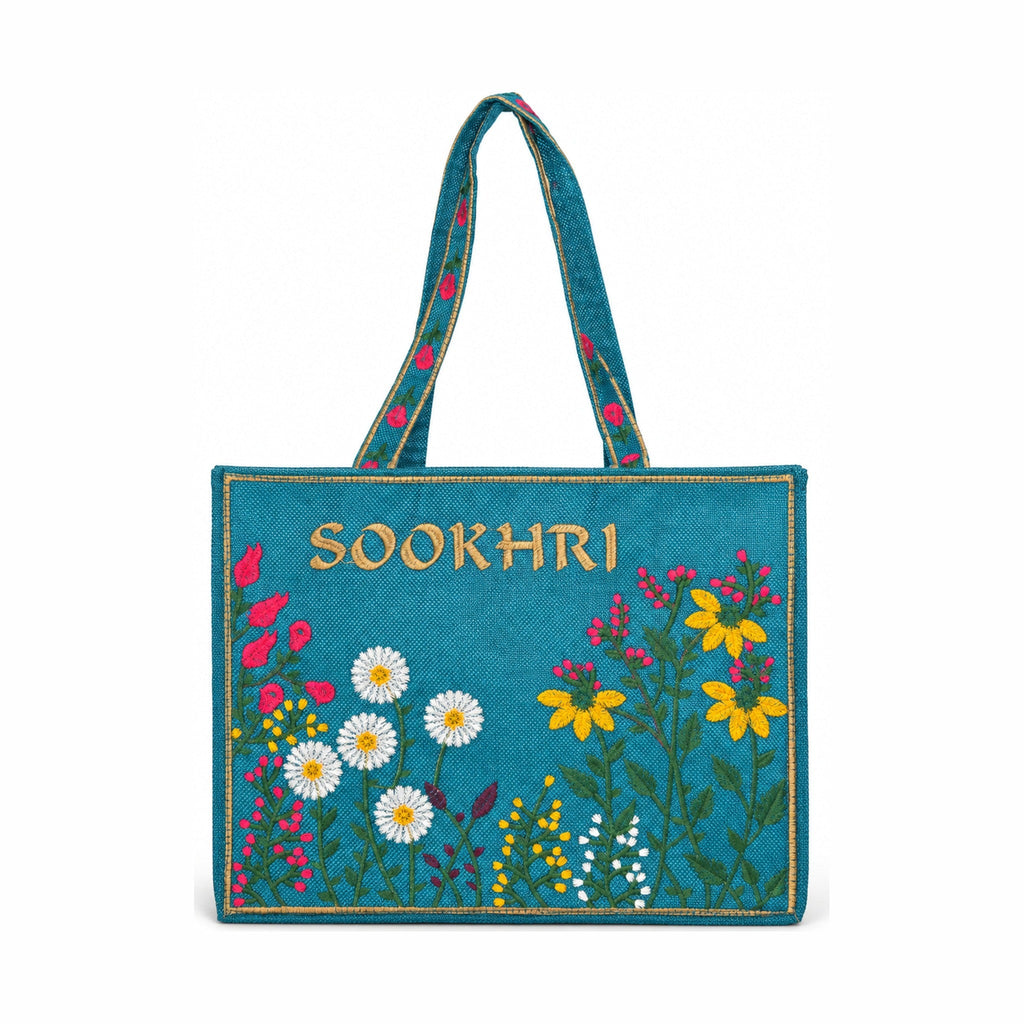 Hand-Embroidered Wildflower Jute Tote - Teal
