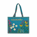 Hand-Embroidered Wildflower Jute Tote - Teal