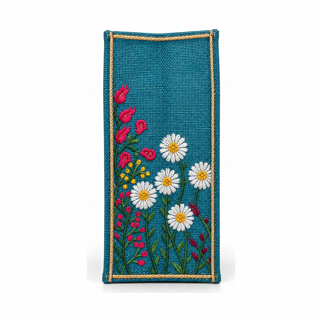 Hand-Embroidered Wildflower Jute Tote - Teal