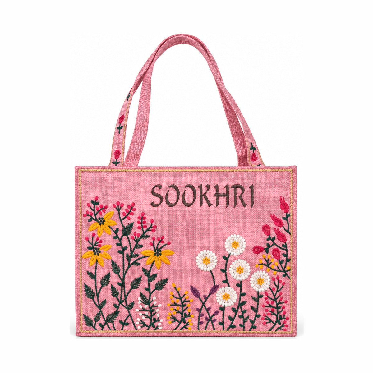 Hand-Embroidered Wildflower Jute Tote - Pink